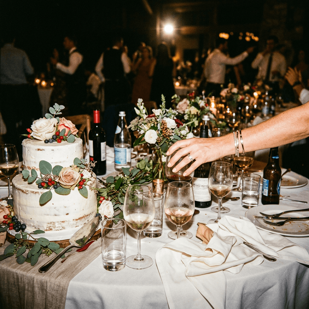 Polaroidbilde av kake og blomster.
