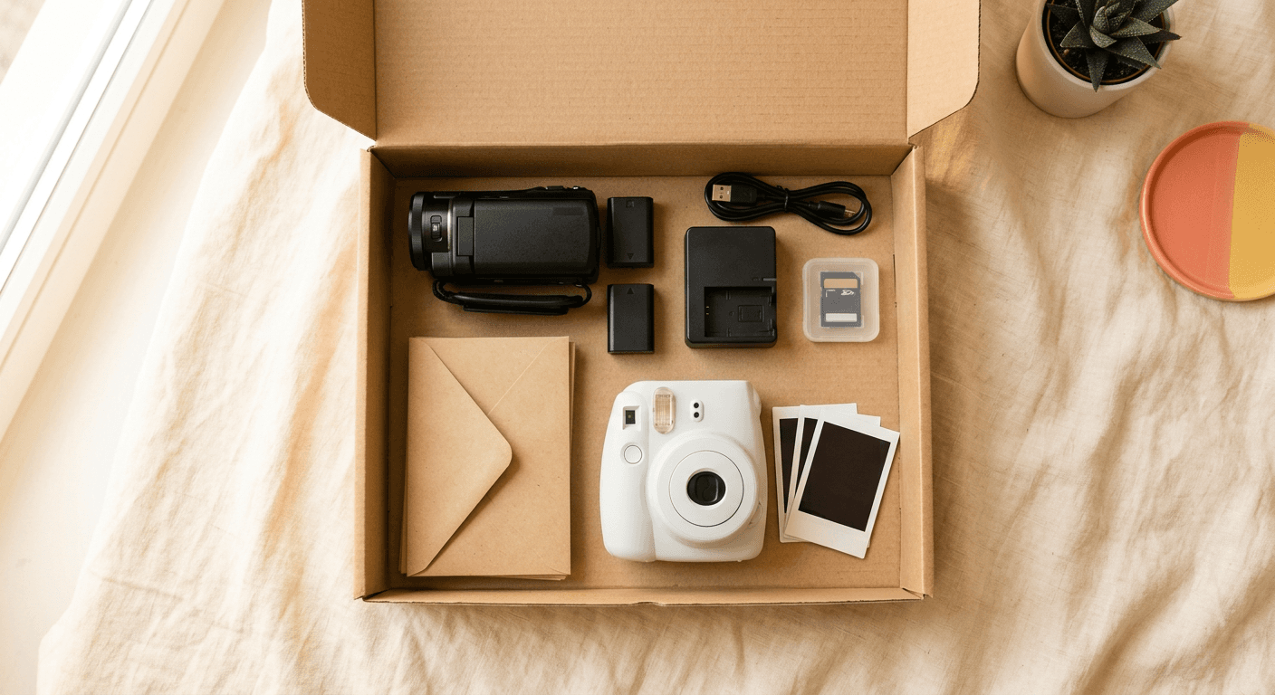 Åpen forsendelsesboks med videokamera, batterier, lader, minnekort, polaroidkamera og returkonvolutt.